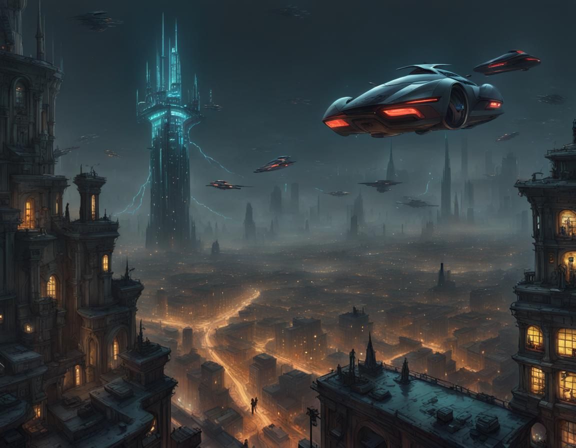 Cyberpunk Cityscape with Tower and Flying Cars
