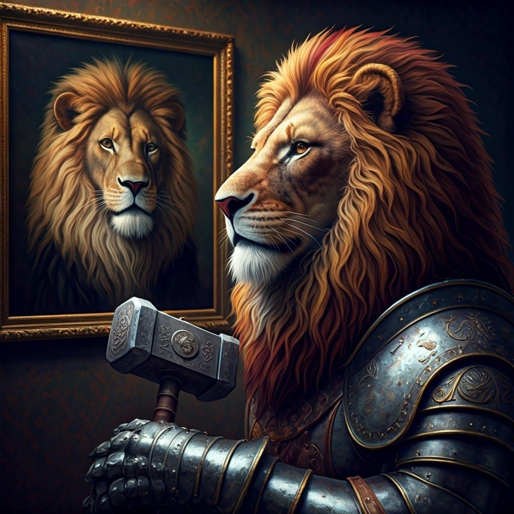 Armored Crocheted Lion Contemplates Regal Portrait