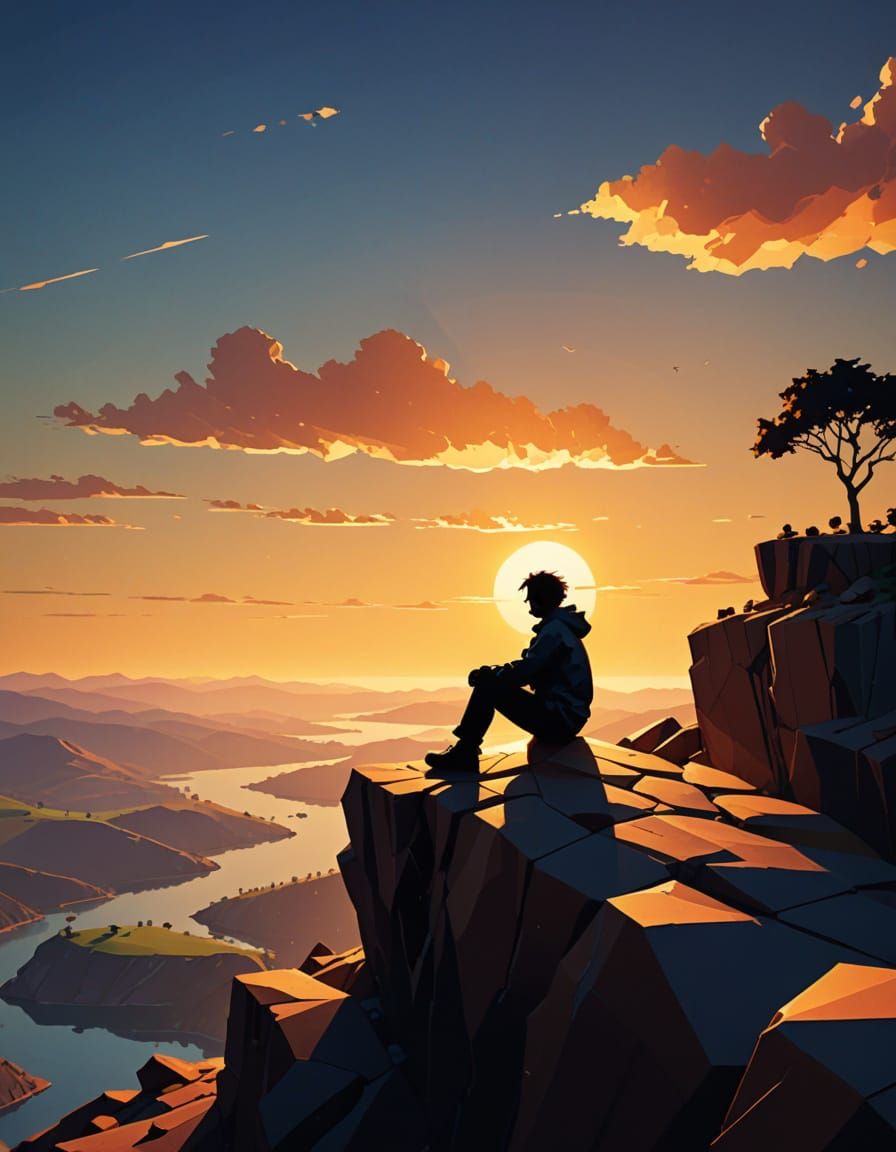 Silhouette Figure on Cliff in Low-Poly Style