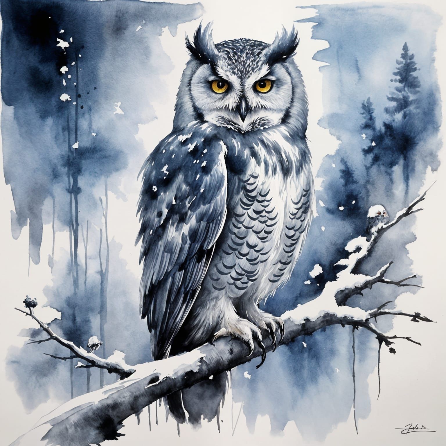 Arctic Owl Portrait in Sumi Ink Style