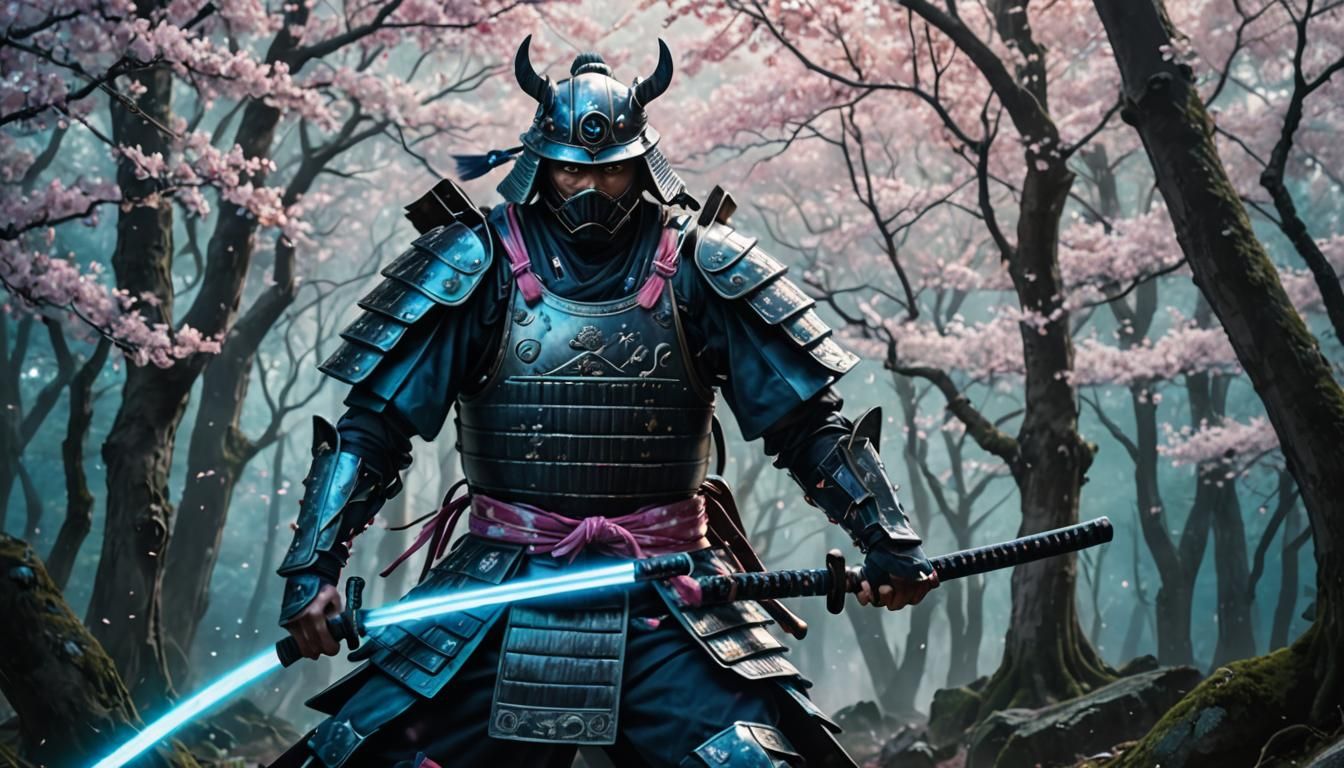 Ethereal Samurai Warrior in Mystic Forest