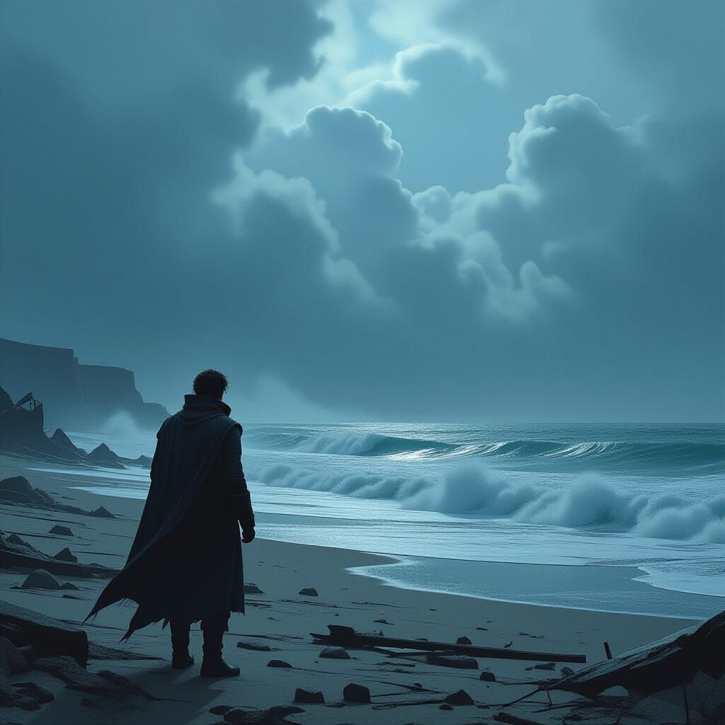 Lone Figure on Stormy Shore in Realistic Animation Style