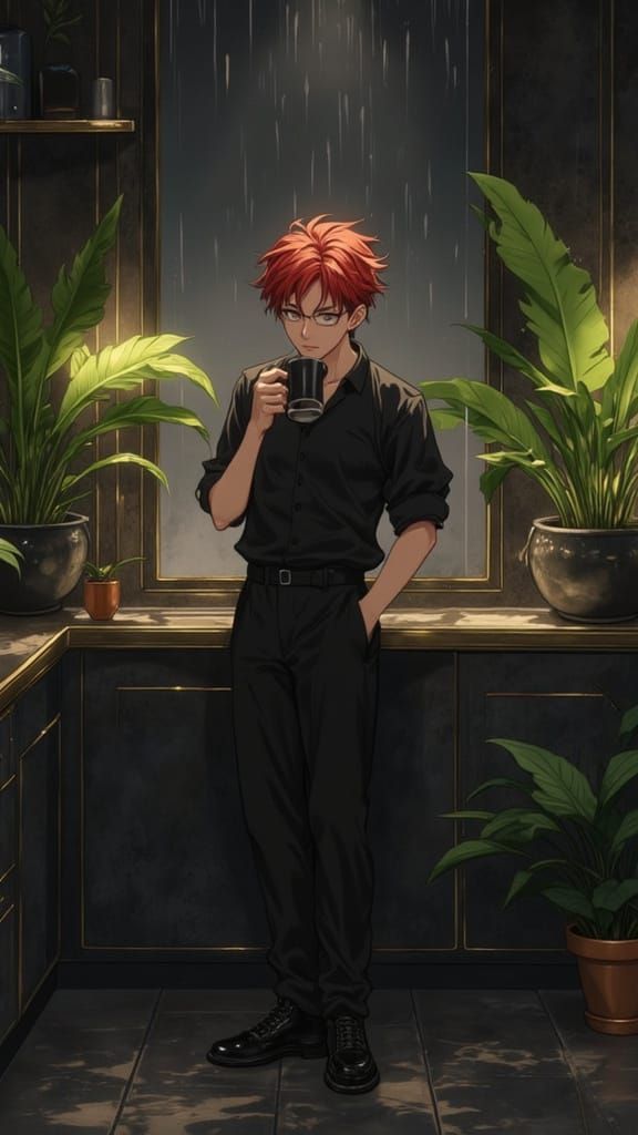 Handsome Man in Obsidian Kitchen with Red Deku Hair