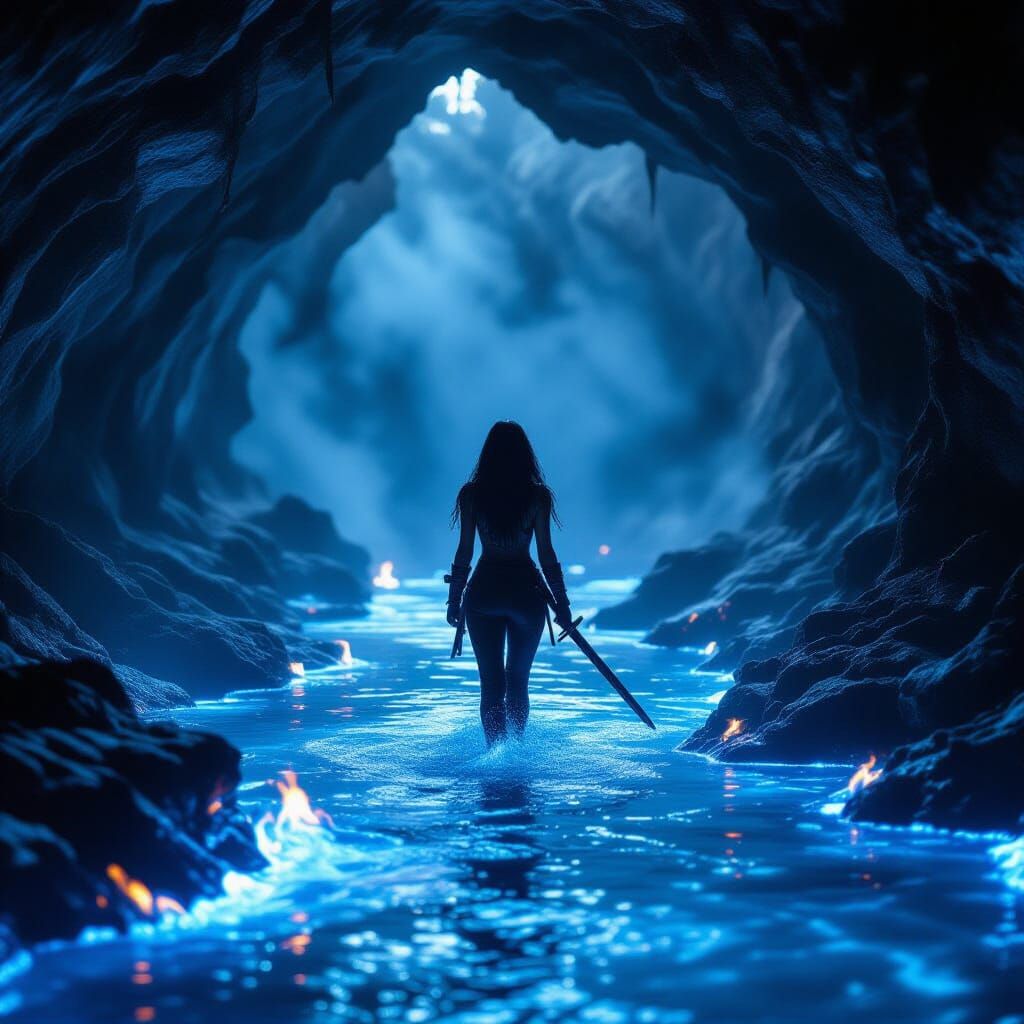 Woman Walks Through Electric Blue Flame River in Dark Fantas...