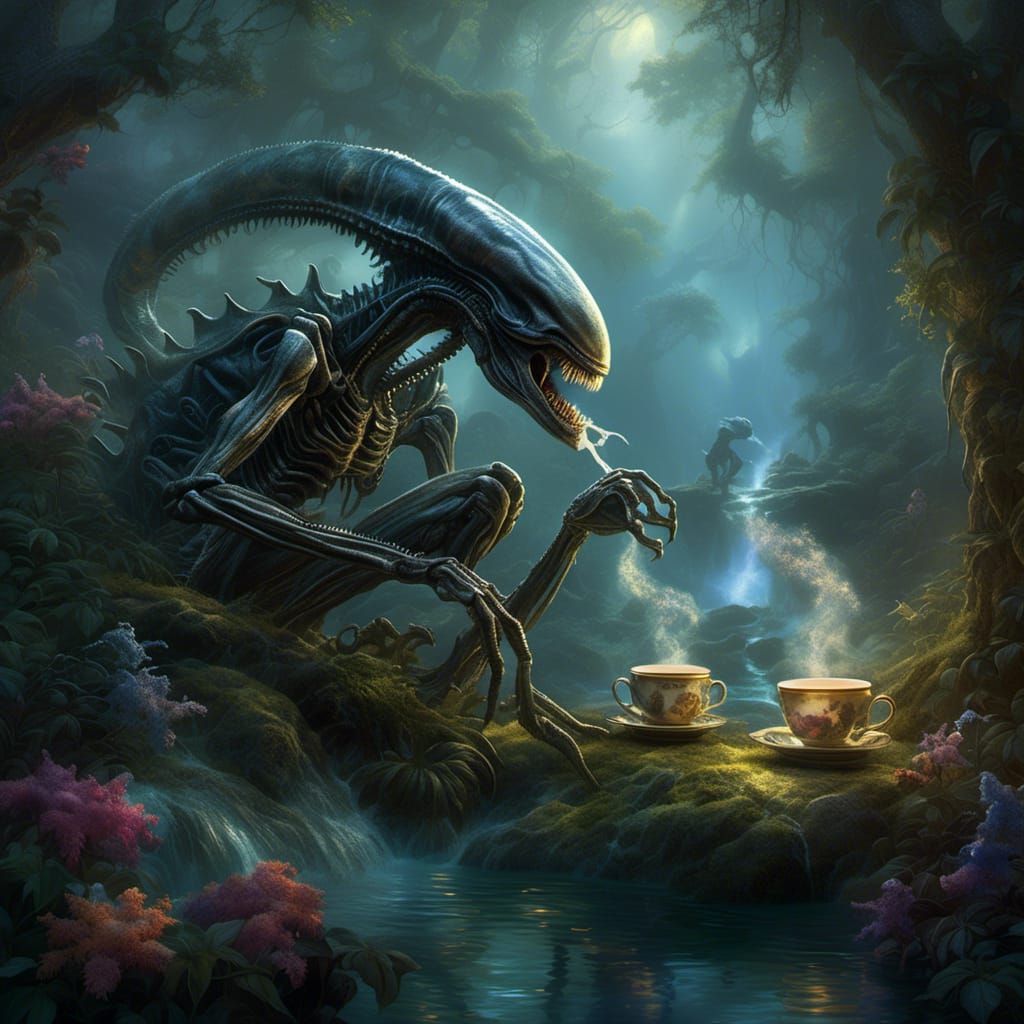 Xenomorph Tea Break in Ethereal Fantasy Style