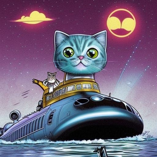 Cute Cat Drives a Submarine: Comic Book Art