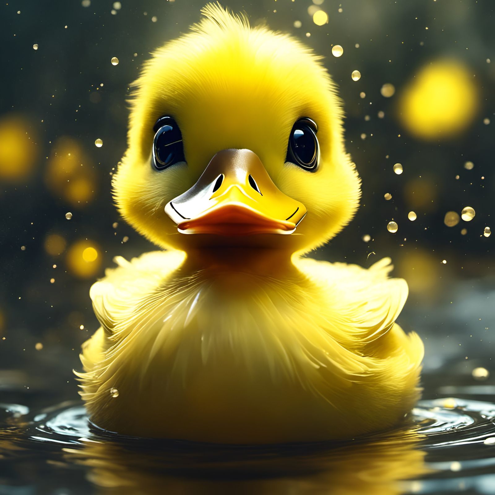 Chibi Yellow Duckling in River with Fireflies