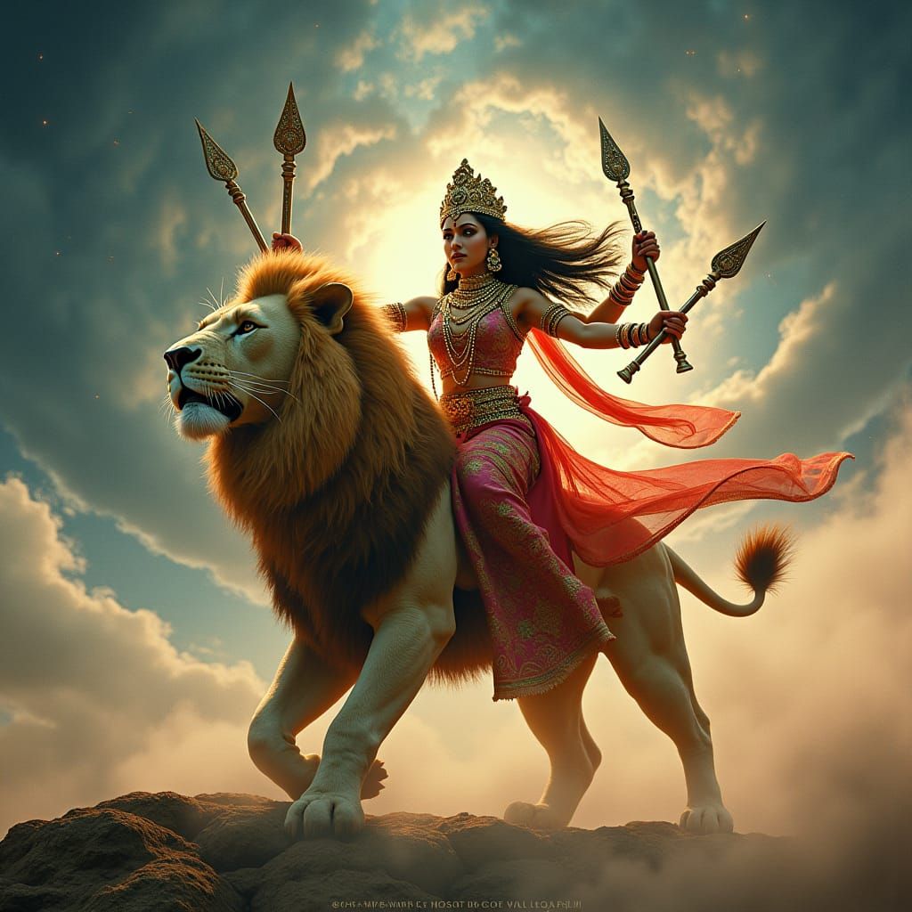 Durga Mata on Lion in Celestial Landscape