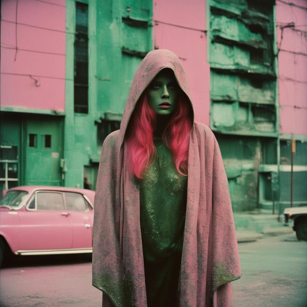 1970s Polaroid of Cloaked Figure in Brutalist Setting