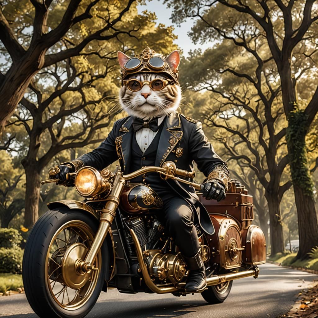 Steampunk Cats Ride Motorcycle on Tree-Lined Road
