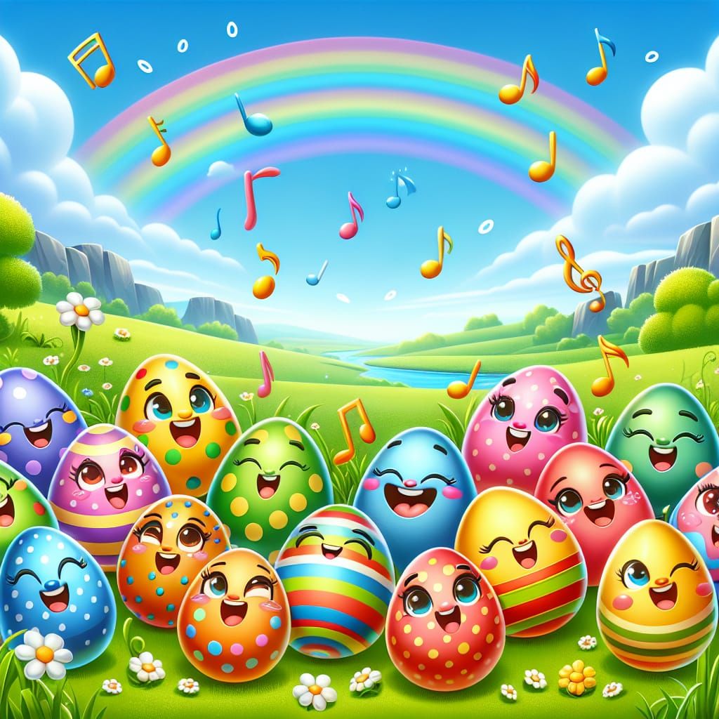 Joyful Singing Easter Eggs in Lush Meadow