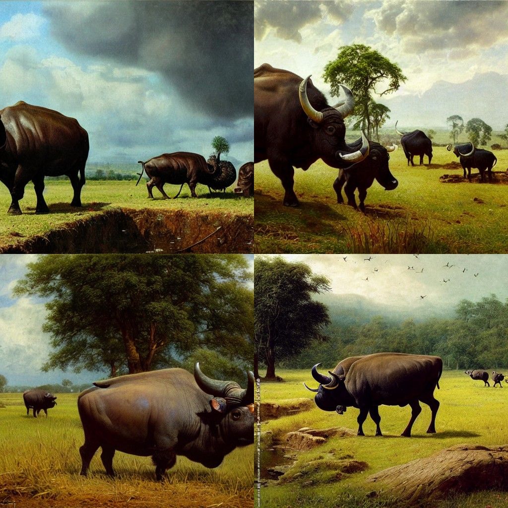 Water Buffaloes in Field: Vintage Hyperrealistic Photography