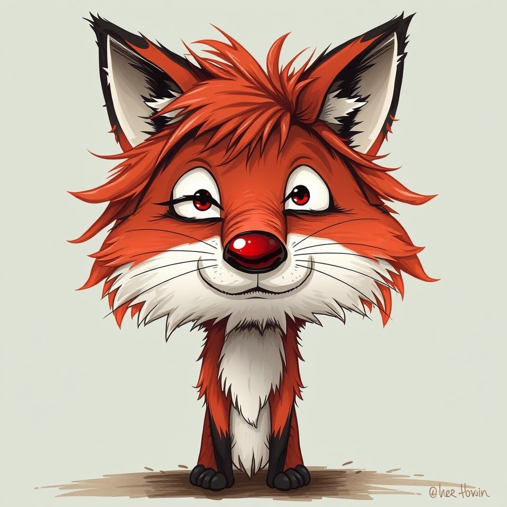 Cartoon Fox with Red Nose in Quirky Hand-Drawn Style