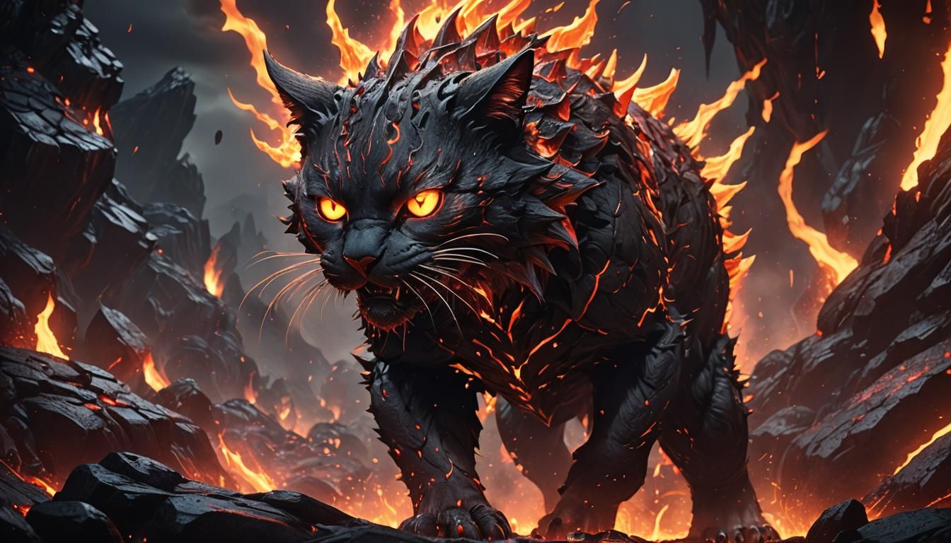 Mega Cat Spewing Lava in Anime Fantasy Style