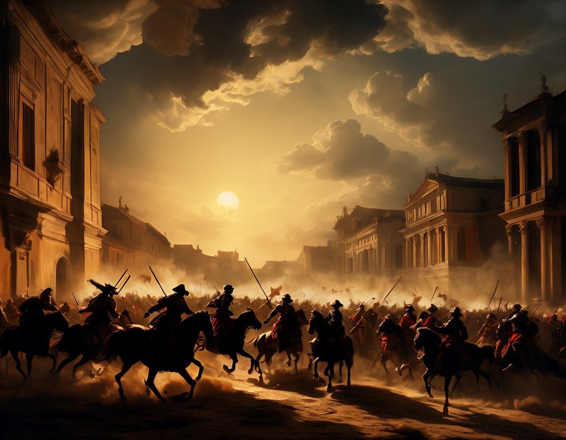 Dramatic Baroque Battle Scene in Cinematic Golden Hour