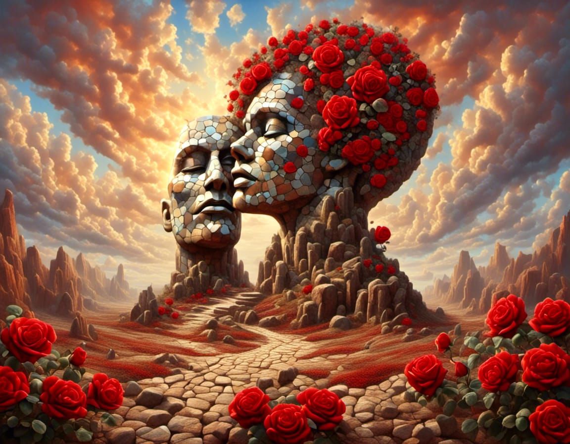 Surreal Mosaic Rock Faces Kissing Oil Painting