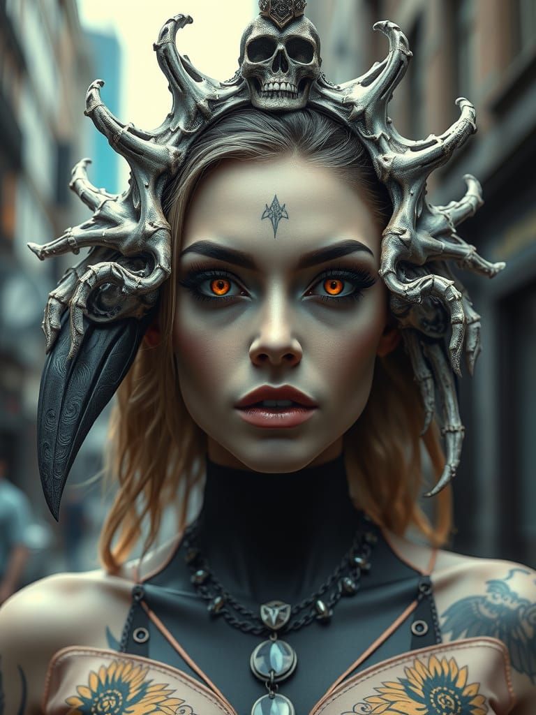 Surreal Goddess with Diabolical Eyes, Ornate Bone Crown
