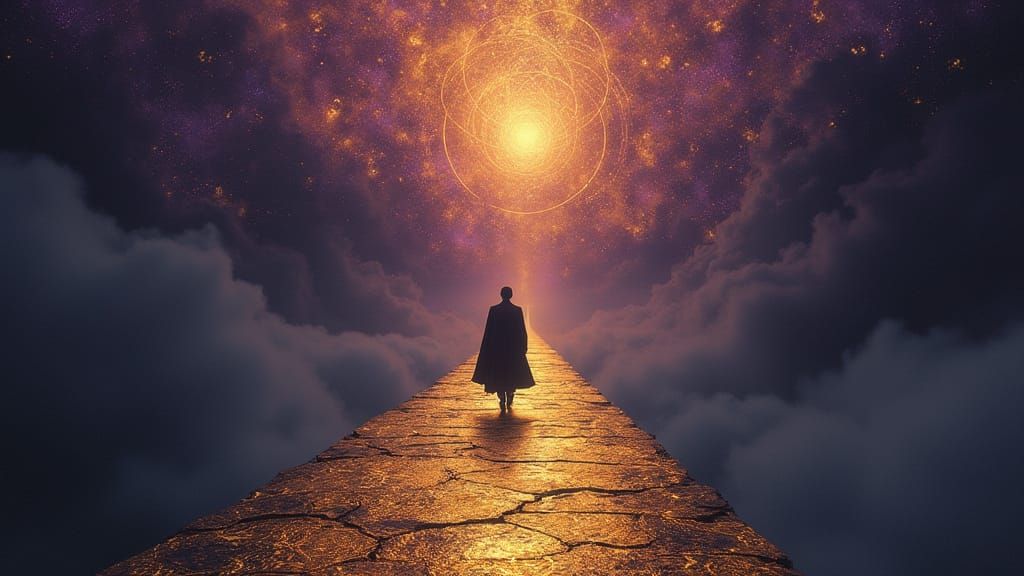 Heroic Figure Walks Golden Path Above Shadowy Swamp in Mysti...