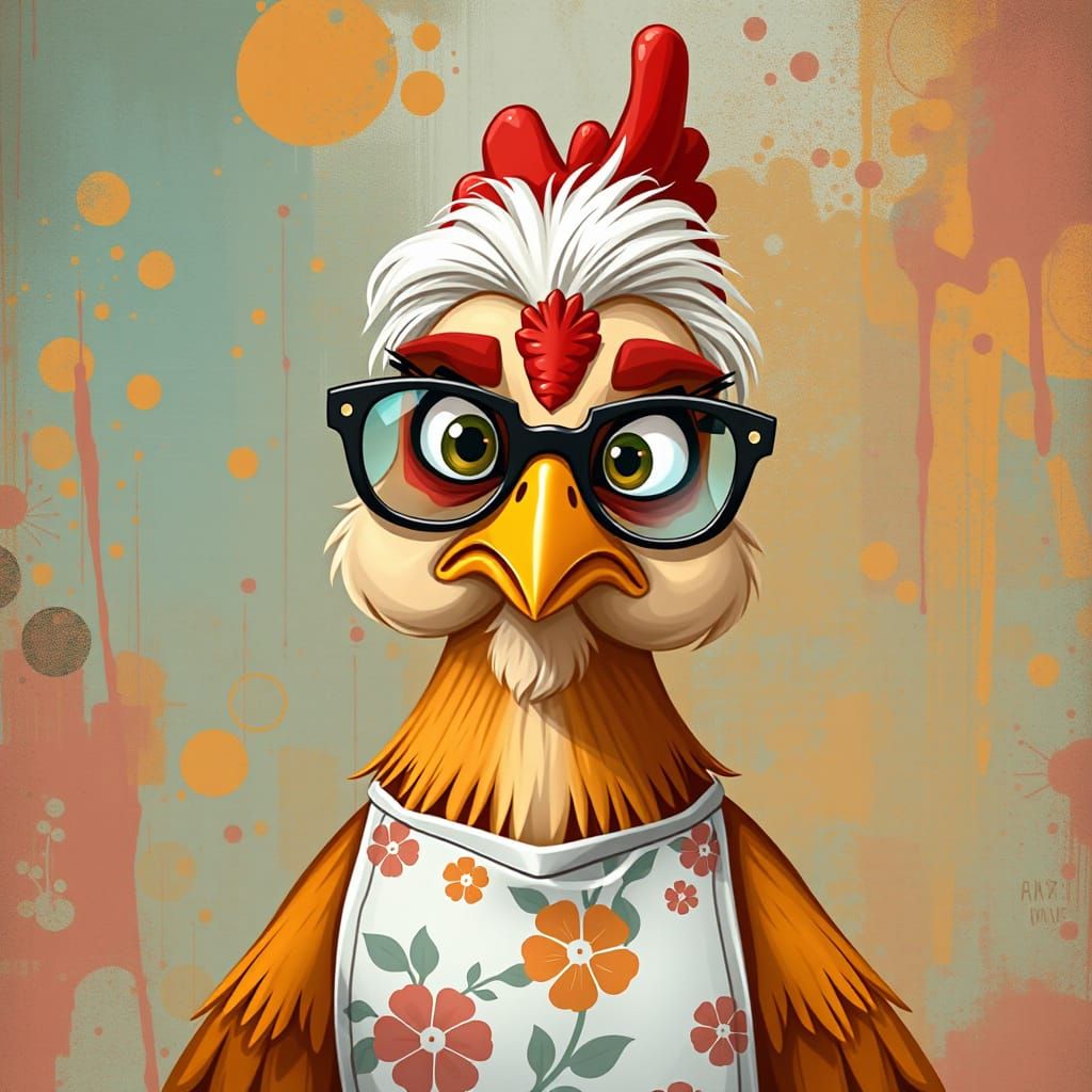 Granny Chicken Cartoon Character in Abstract Setting
