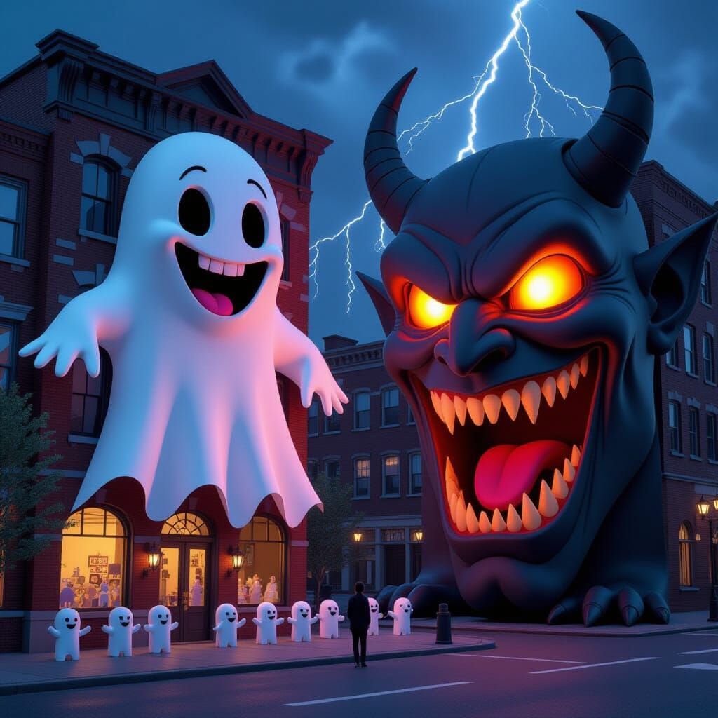 Giant Ghost Meets Gothic Monster in Surreal Urban Night