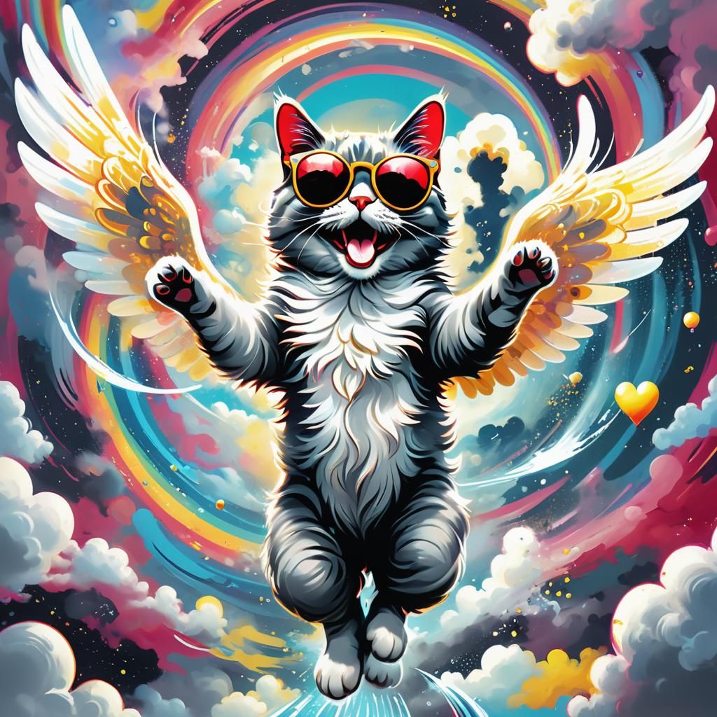 Winged Cat Leaping in Psychedelic Sky: Splash Art