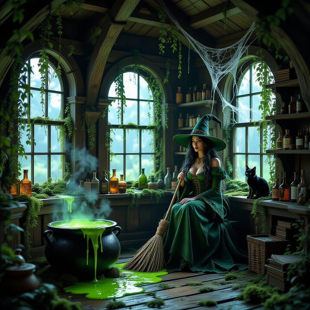 Witch's Lodge Interior with Potion Brewing