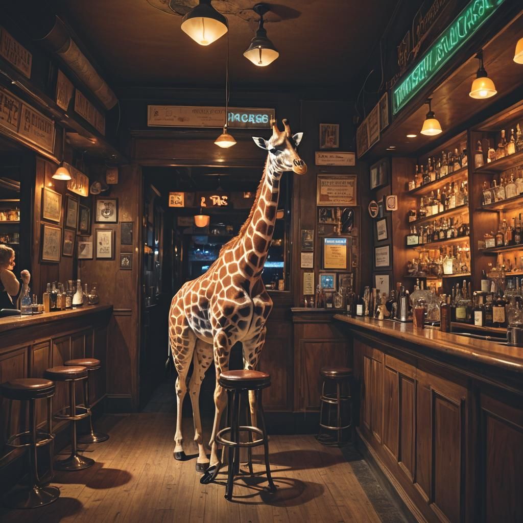 Giraffe Asleep in Surreal Dimly Lit Bar