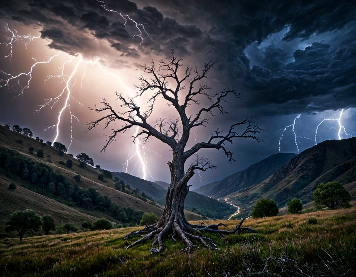 Dramatic Lightning Strikes Tree in Hillside Storm