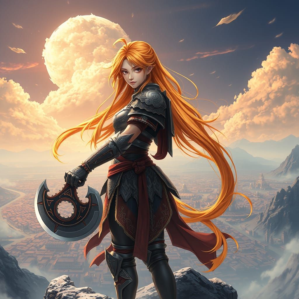 Anime Warrior on Windswept Peak in 8k