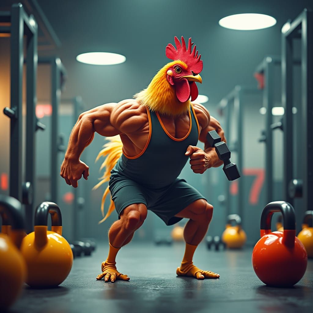 Chicken Crossfit Athlete in Modern Gym Setting