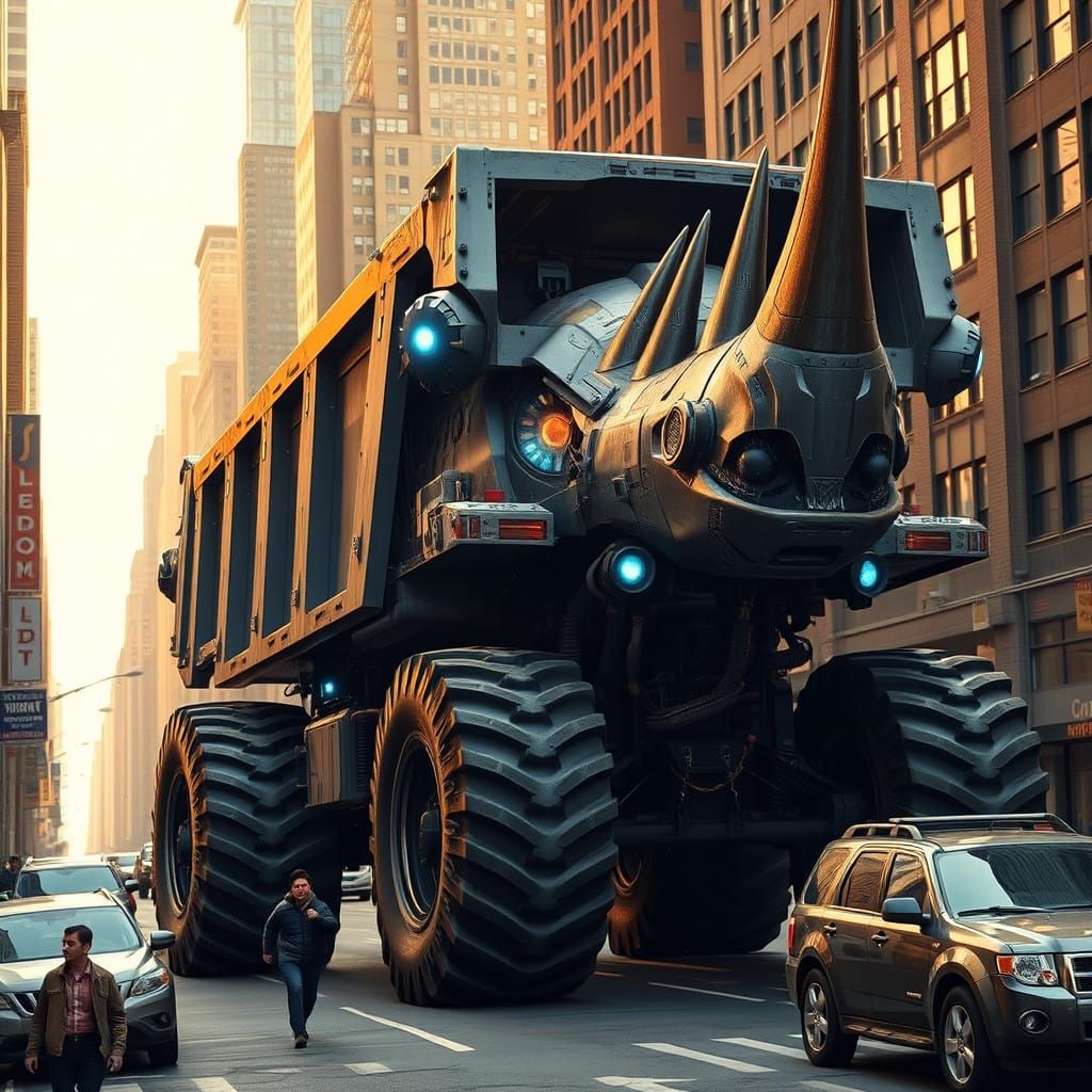 Gigantic Cyborg Rhinoceros-Mega Dump Truck Crushes Manhattan...
