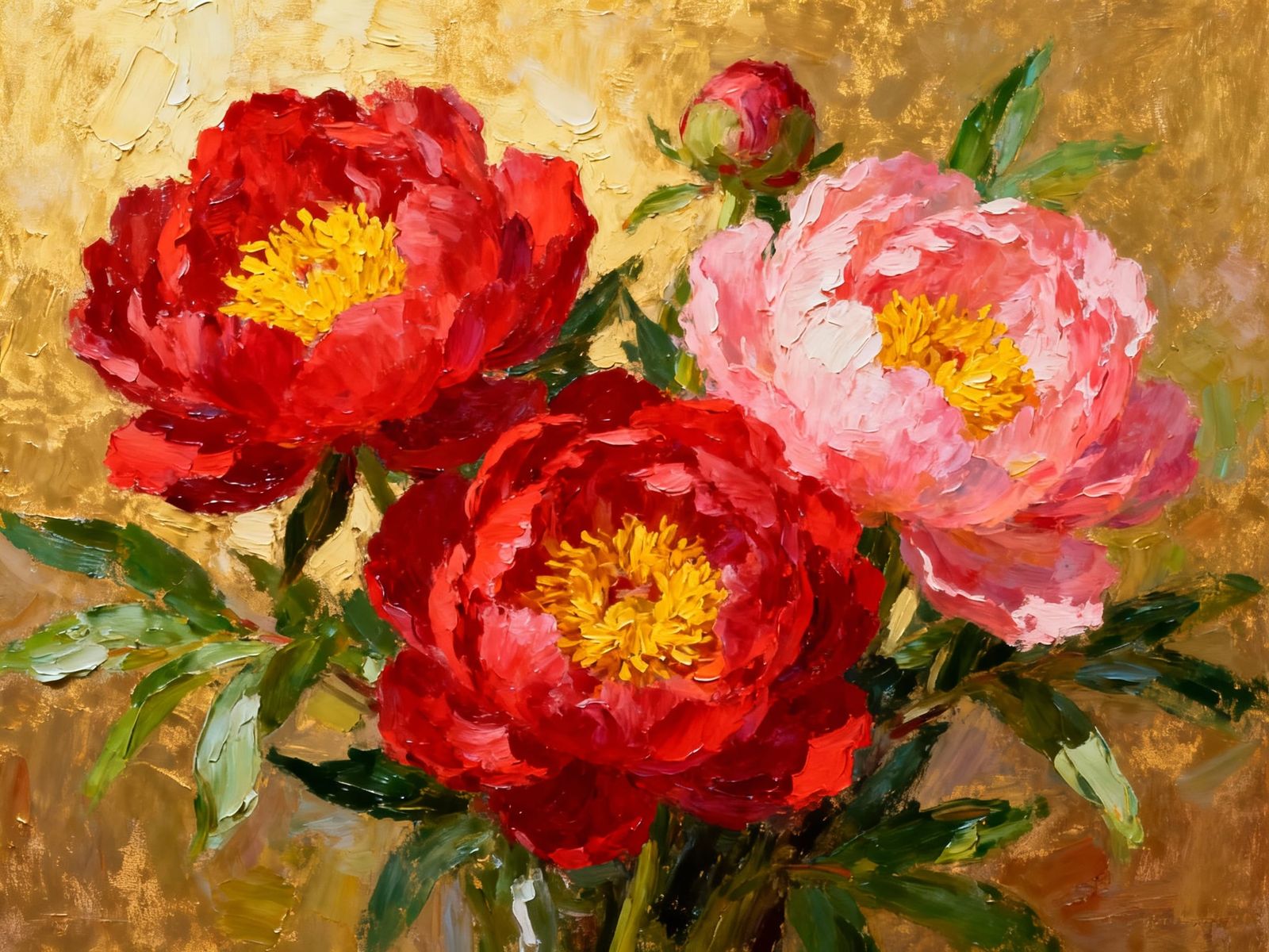 Vibrant Oil Impasto Peonies Painting