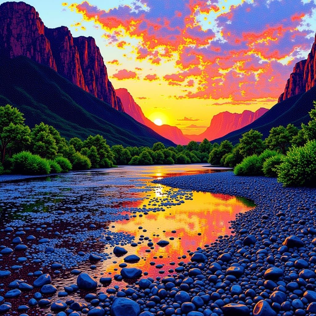 Drakensberg Amphitheater Sunset in Pointillism Style