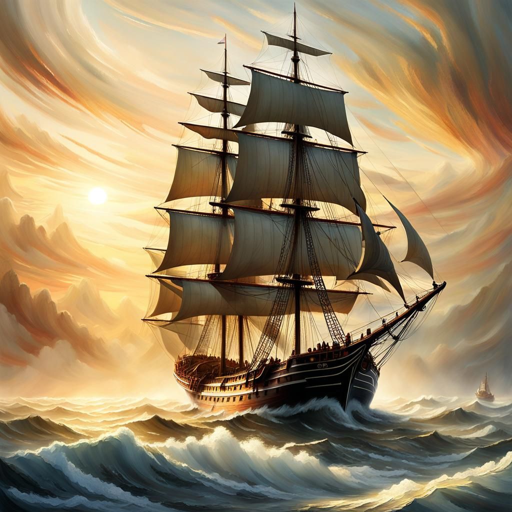 Sailing Ship in Golden Light, Oil Painting Style