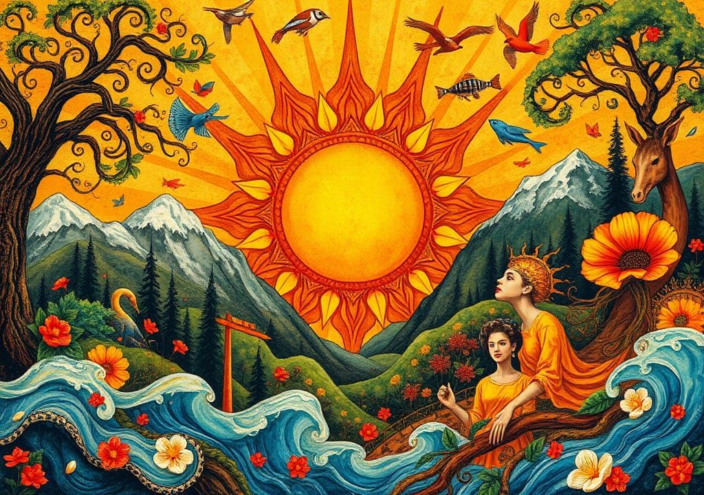 Radiant Sun Collage Art in Fauvist Style