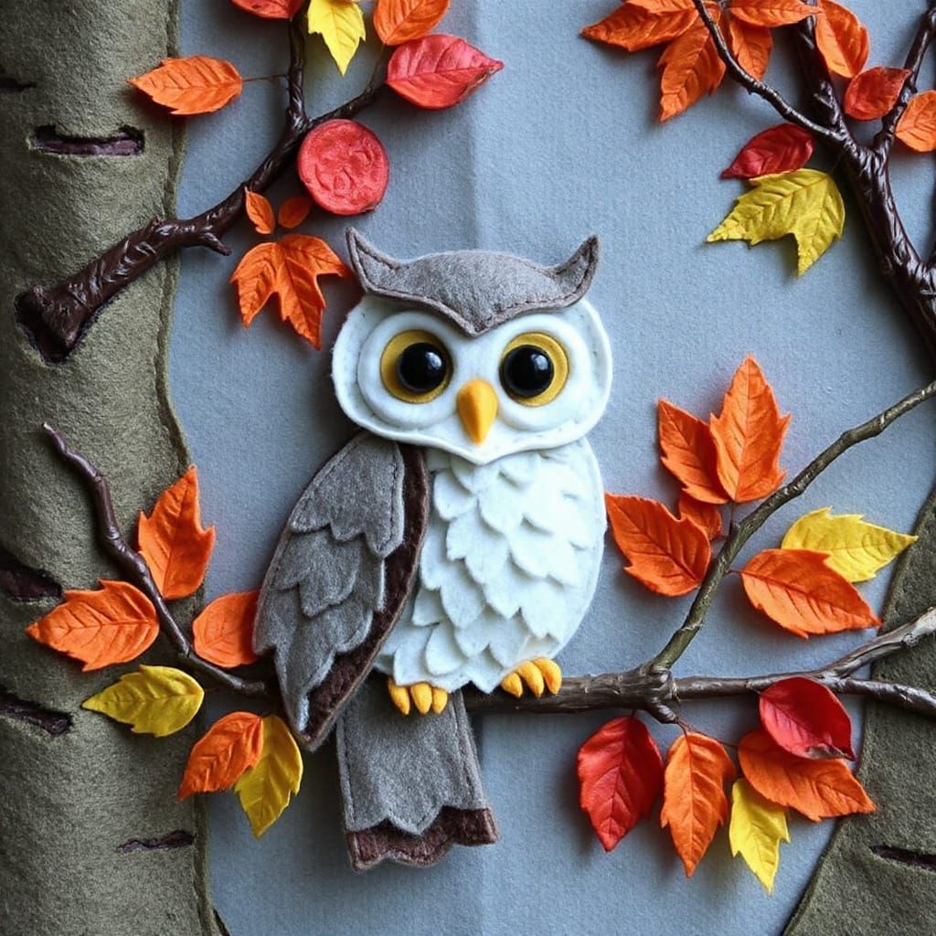 Felt Owl in Autumn Woodland Scene