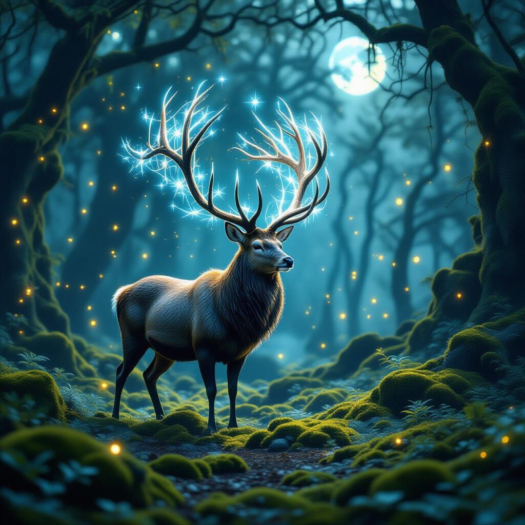 A majestic stag with antlers woven from moonlight and conste...