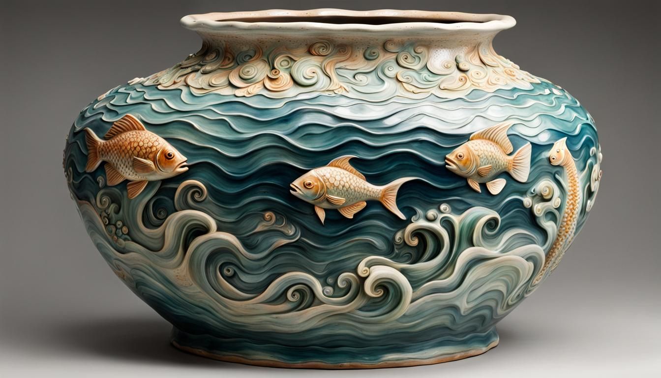 Ocean-Themed Pottery Vase with Mermaids