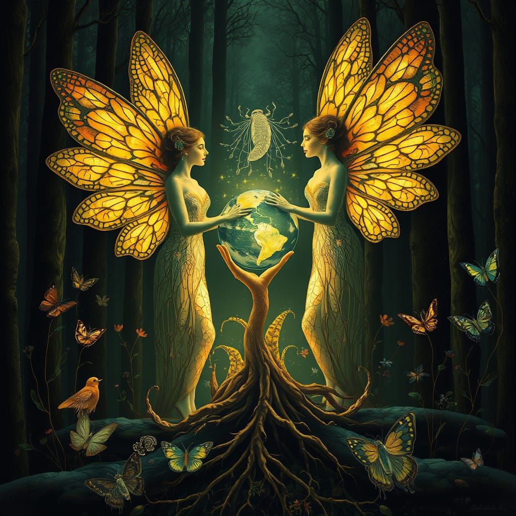 Women with Iridescent Wings Rise from the Forest Floor
