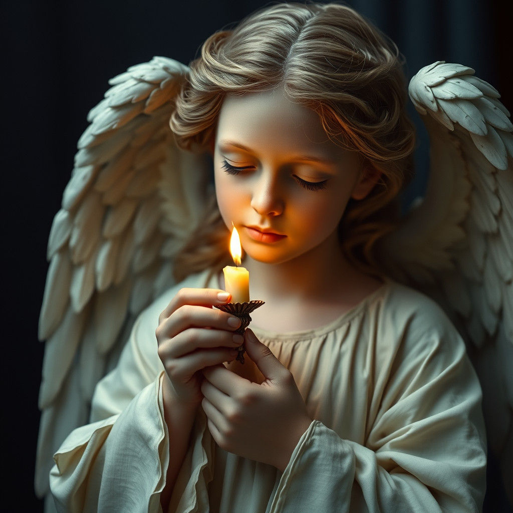Angel Holds a Golden Candle in a Dramatic Renaissance Settin...