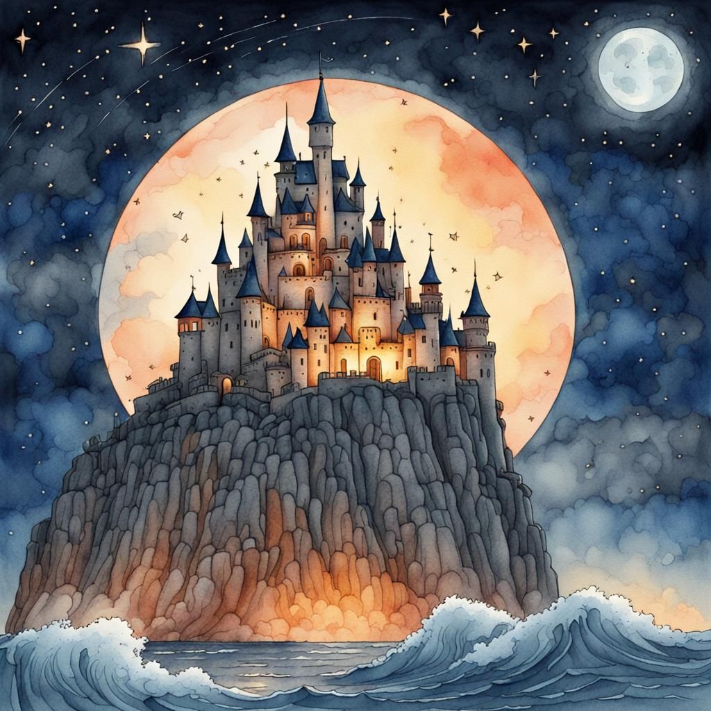 Majestic Castle Under Starry Sky, Retro Fantasy Illustration
