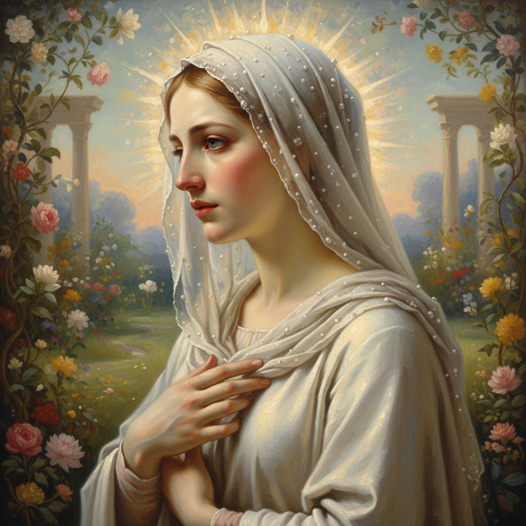 Serene Virgin Mary Portrait in Dreamy Style