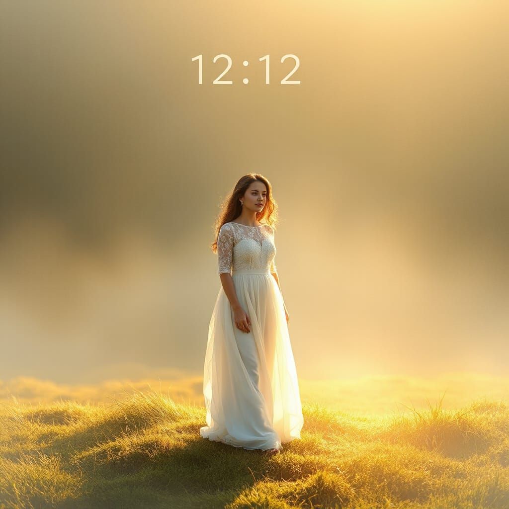 Ethereal Woman in White at 12:12: Spiritual Awakening