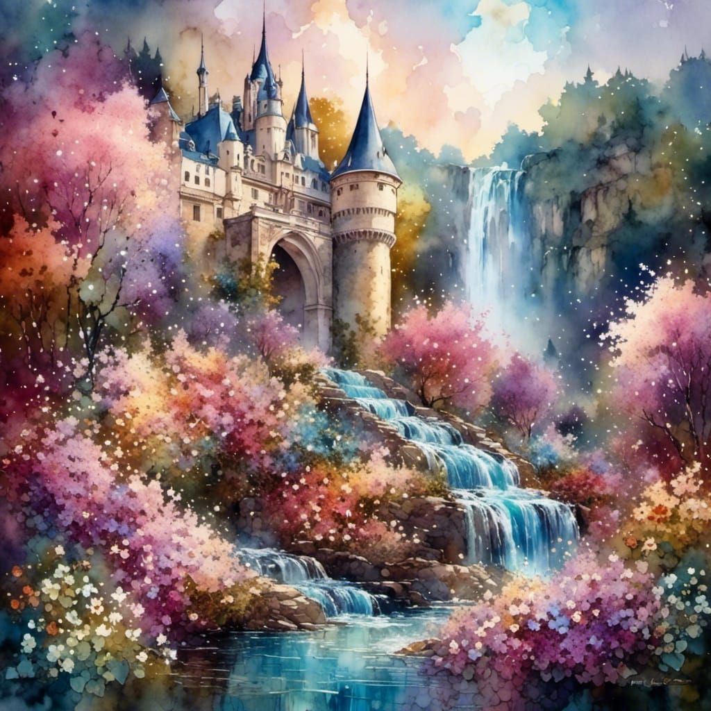 Fantasy Château with Blooming Flowers and Waterfall