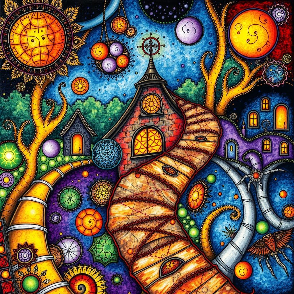 Psychedelic Village in Renaissance Alcohol Ink Style