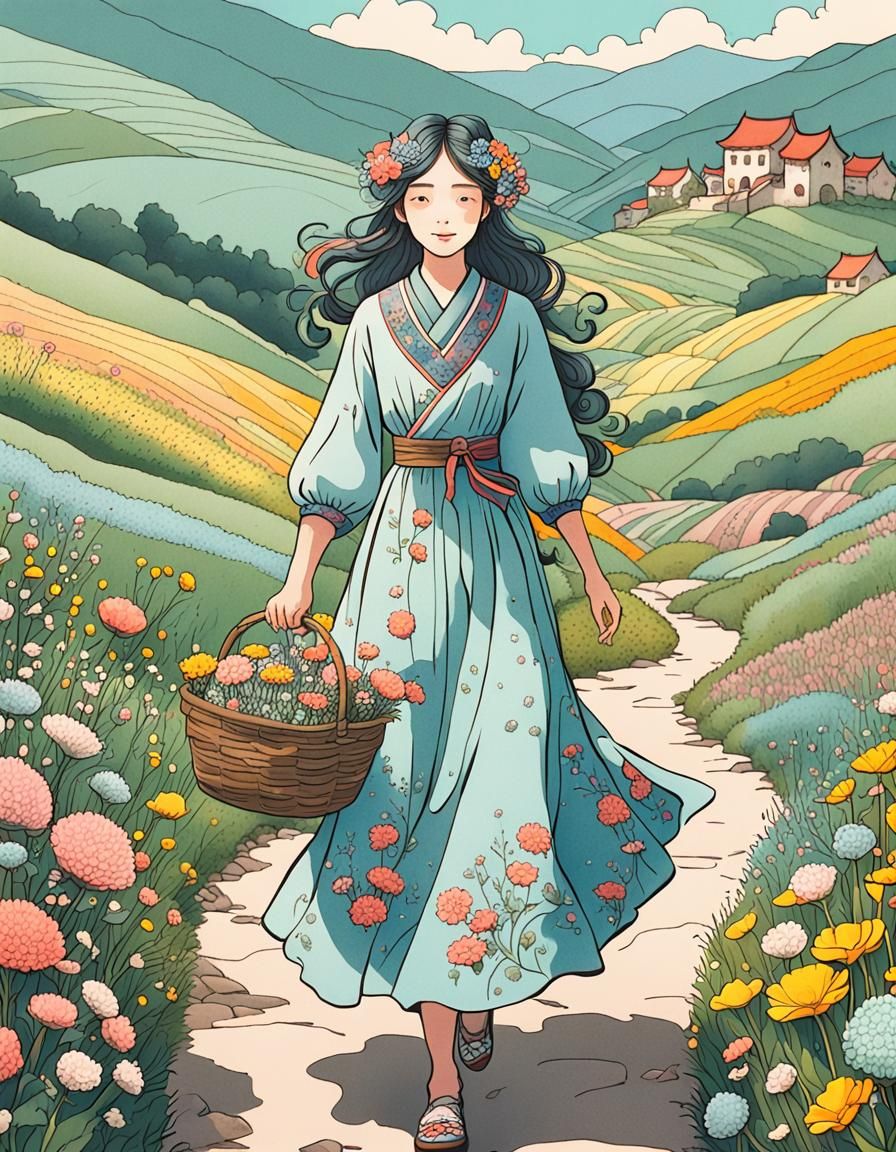 Floral Woman Walking Through Flower Fields in Pastel Manga