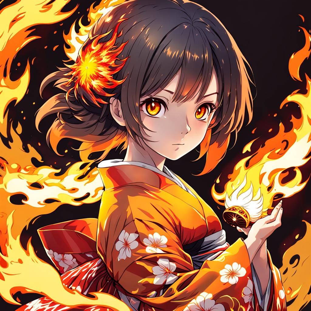 Flaming Eyes Girl in Fiery Yukata