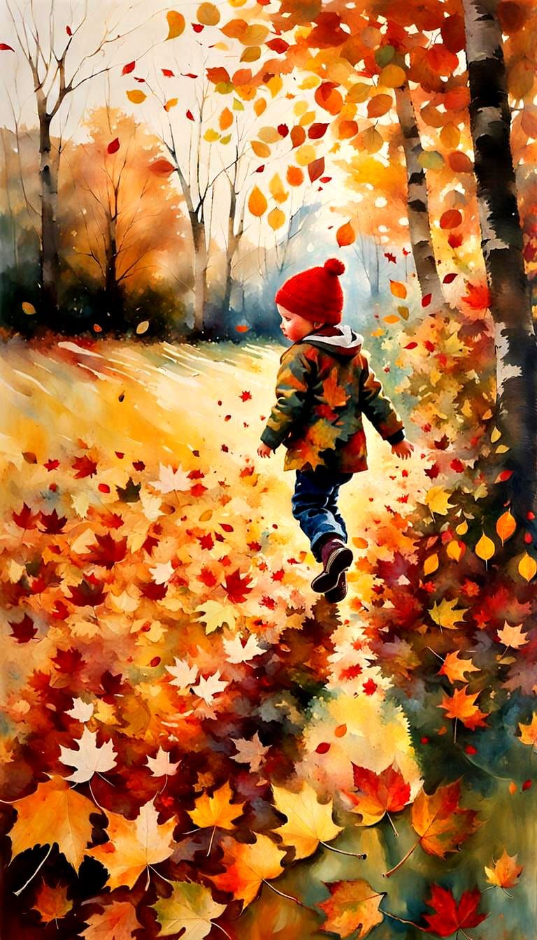 Child Kicking Autumn Leaves, Encaustic Painting Style