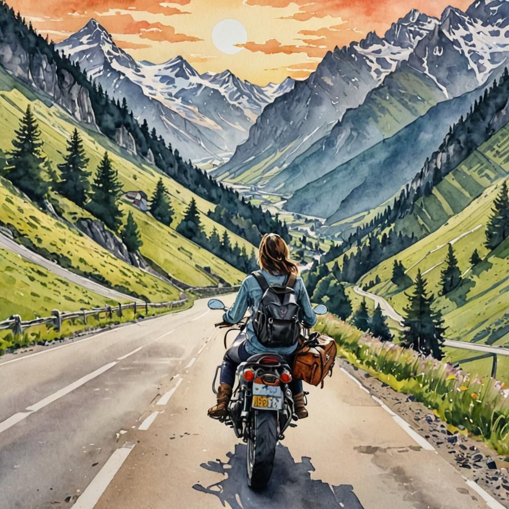 Motorcycle Road Trip at Sunrise in Watercolor