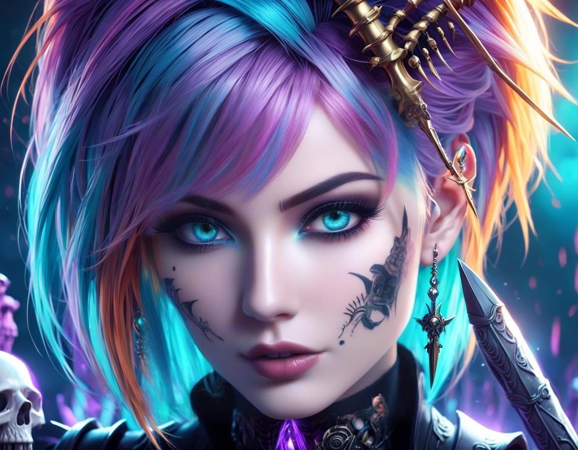 Tattooed Emo Woman with Skeletons, Digital Art